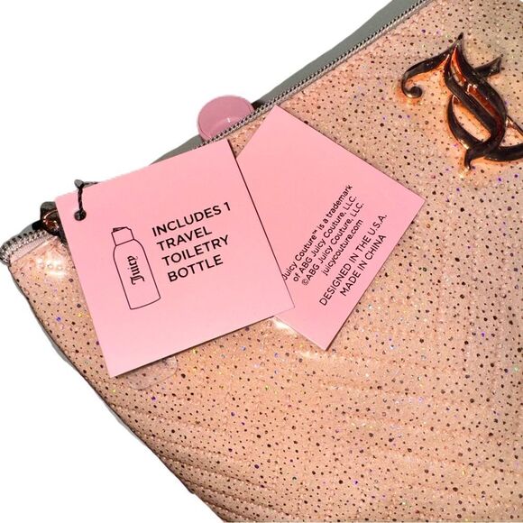 Juicy Couture Pink Glitter Monogram Cosmetic Makeup Bag & Travel Toiletry Bottle - Picture 5 of 16
